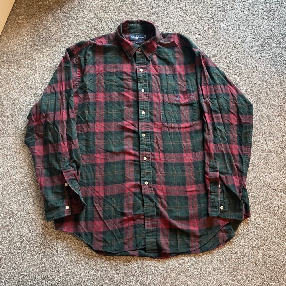 Mens Ralph Lauren Blaire Flannel Shirt XL Red Green Plaid Excellent Long Sleeve